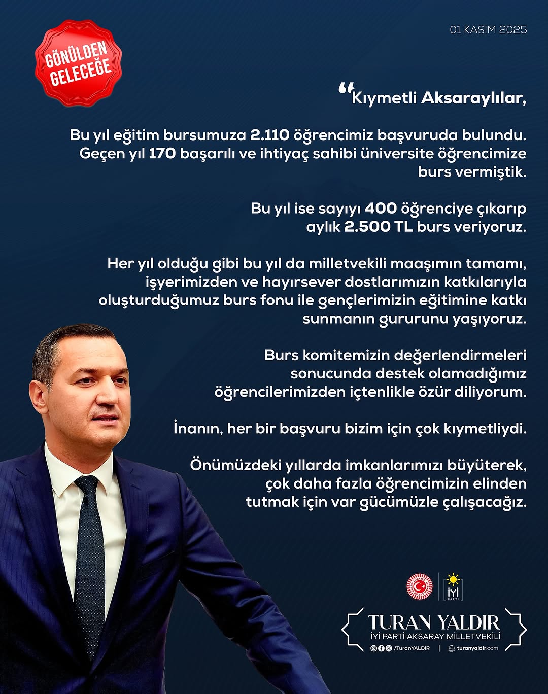 Aksaray Milletvekili Turan Yaldır'dan 400 Öğrenciye Burs Desteği