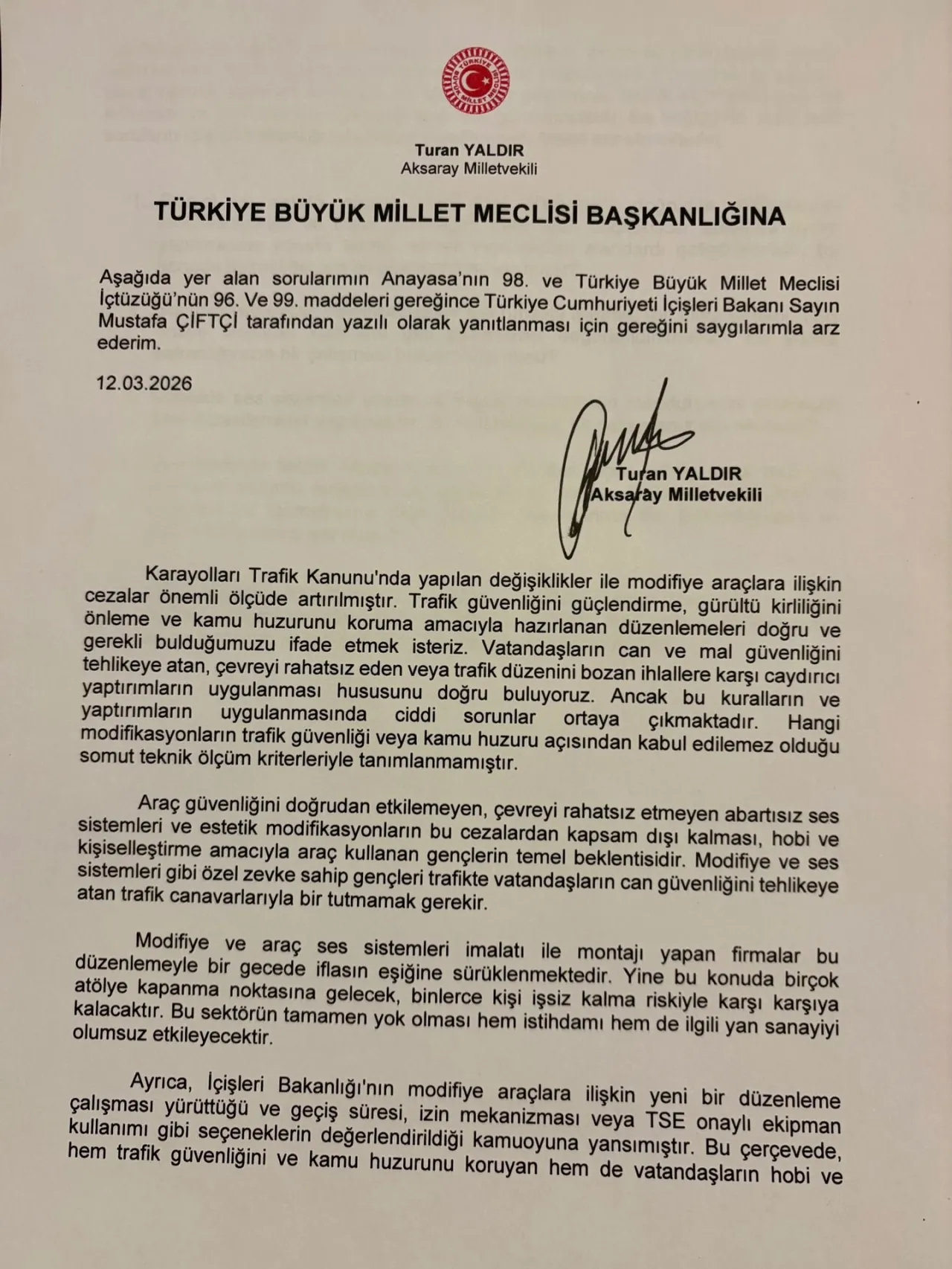 Aksaray Milletvekili Yaldır'dan Egzoz ve Gürültü Denetimlerine İlişkin Kritik Soru Önergesi