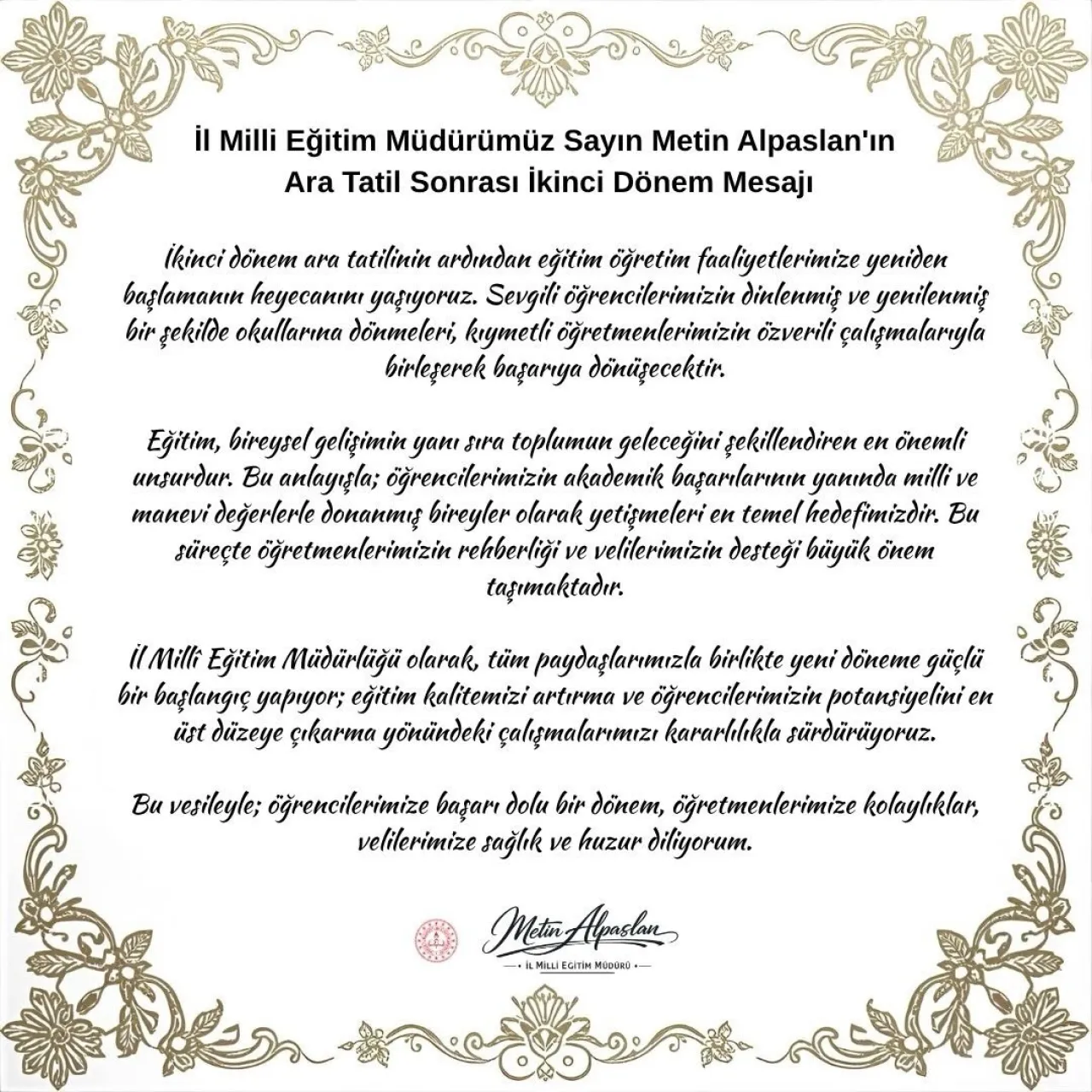 Aksaray İl Milli Eğitim Müdürü Metin Alpaslan'dan İkinci Dönem Mesajı