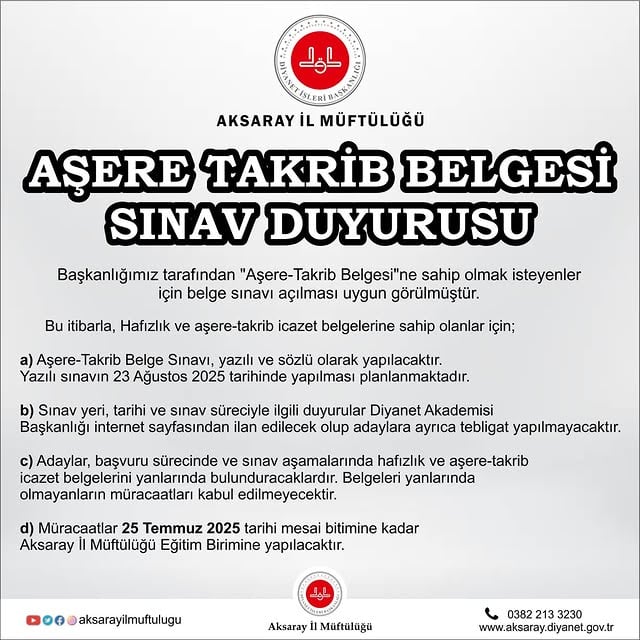 Aksaray İl Müftülüğü'nden Aşere Takrib Belgesi Sınavı Duyurusu