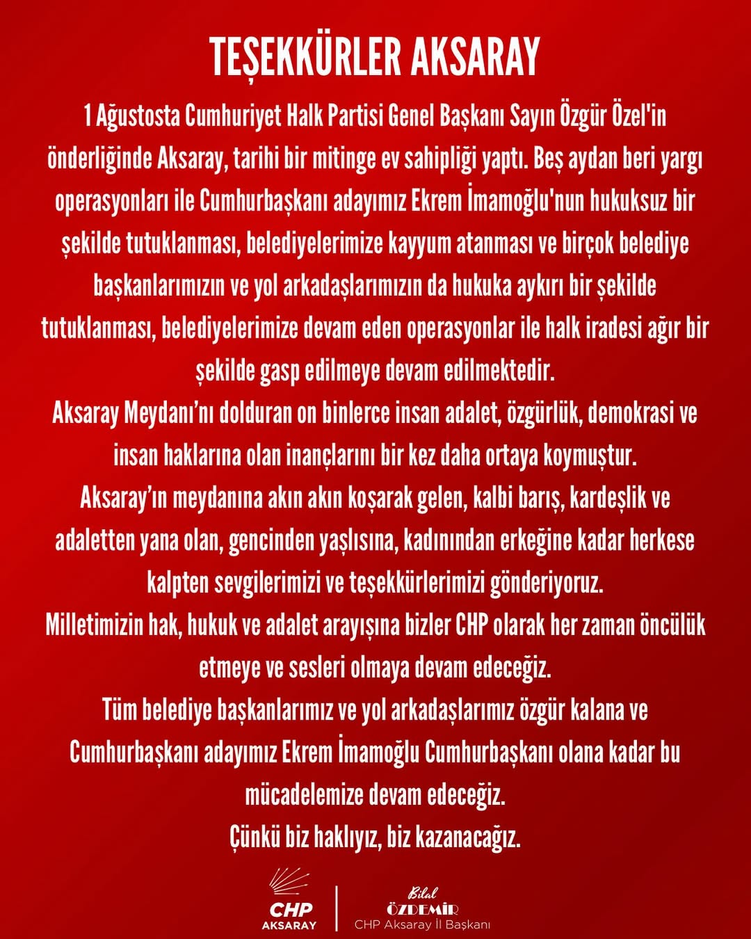 Aksaray'da CHP Mitingi: Özgürlük, Adalet ve Demokrasi Talebi