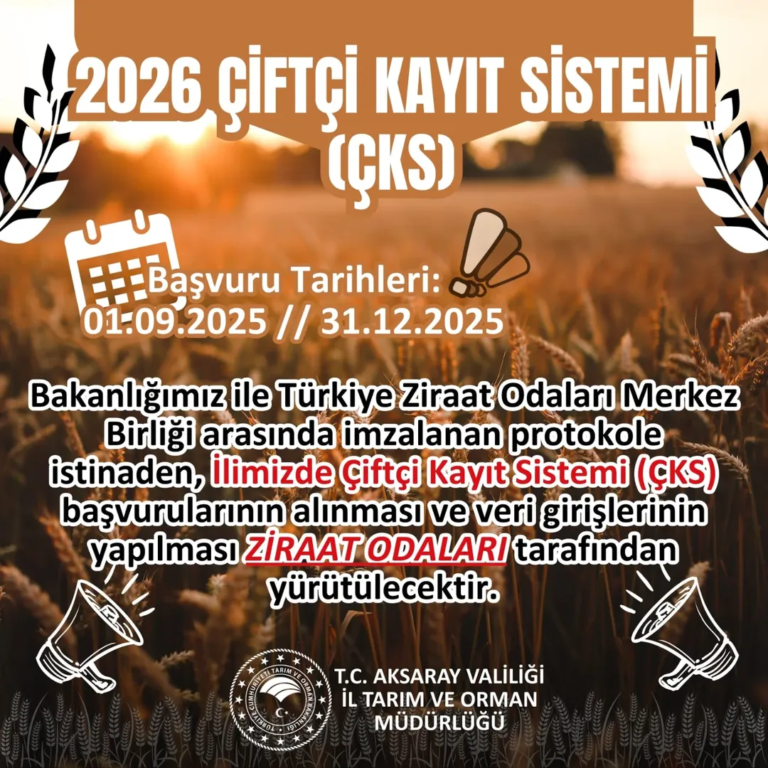 Aksaray'da Çiftçi Kayıt Sistemi Başvuruları Ziraat Odaları Tarafından Alınacak