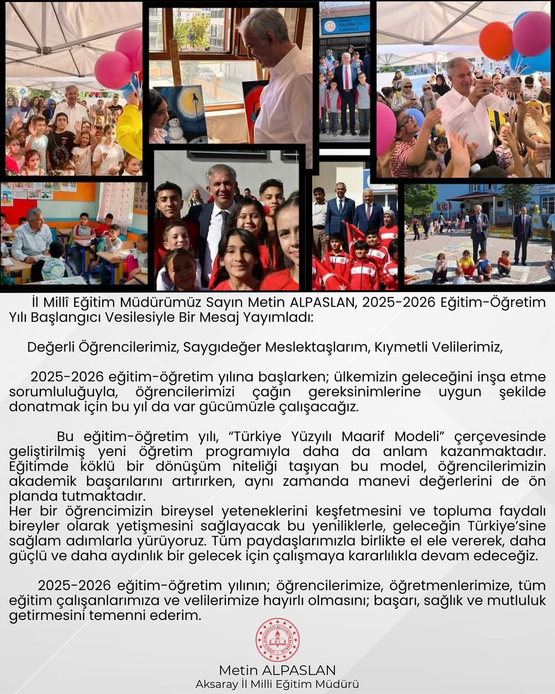 Aksaray İl Milli Eğitim Müdürü Metin Alpaslan'dan Yeni Eğitim Öğretim Yılı Mesajı