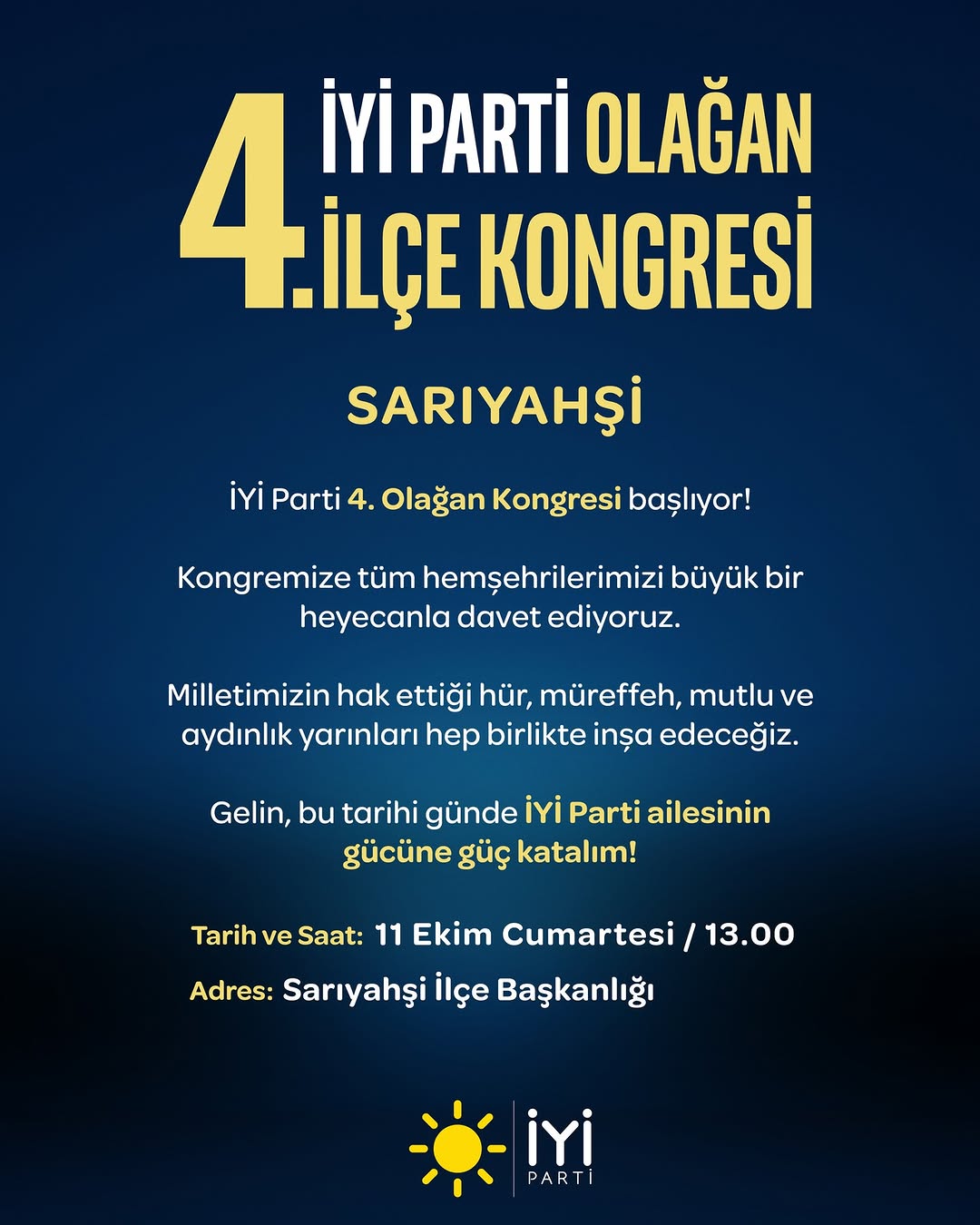 İYİ Parti Aksaray Sarıyahşi İlçe Kongresi Tarihi Belli Oldu