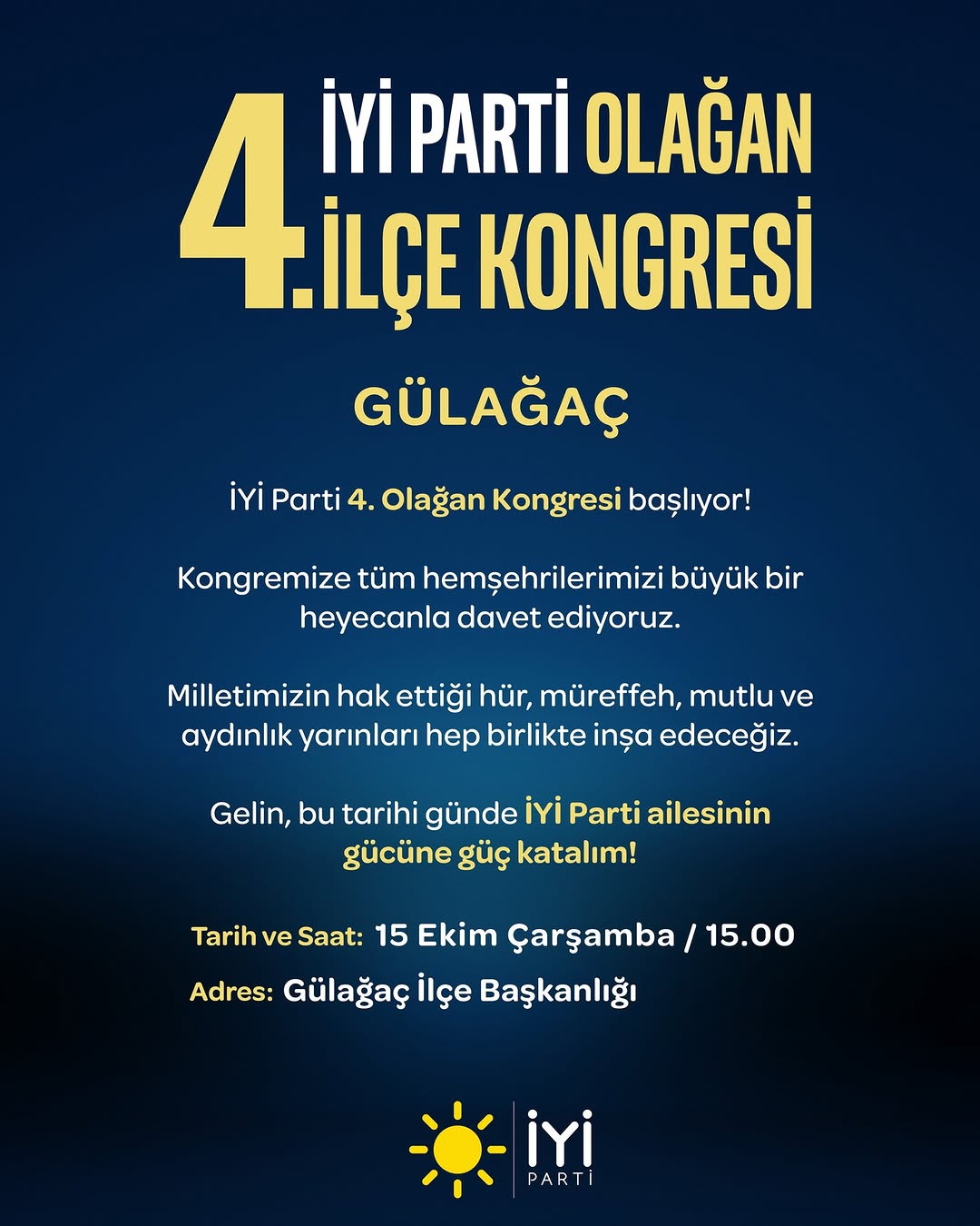 İYİ Parti Gülağaç İlçe Kongresi 15 Ekim'de Yapılacak