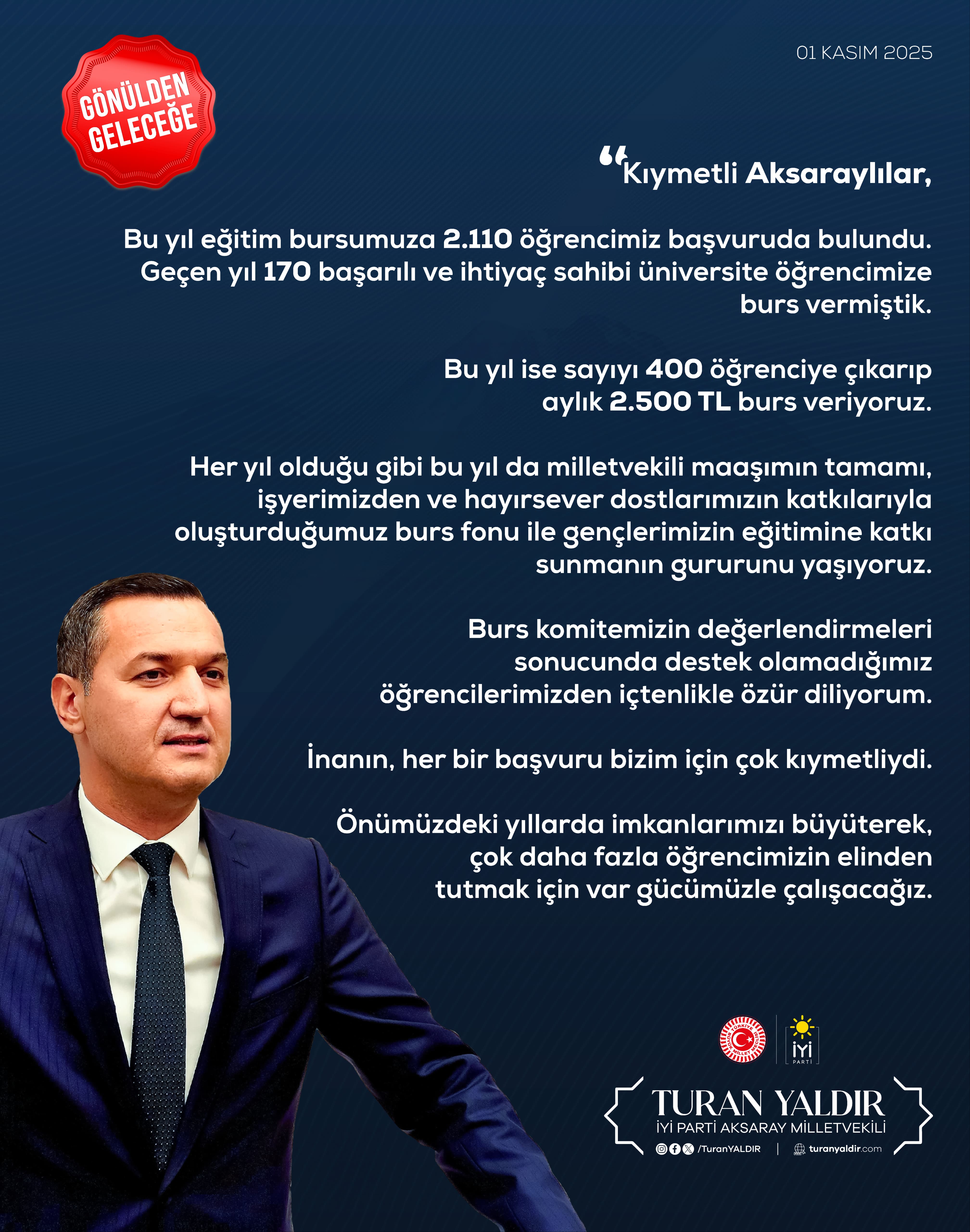 Turan YALDIR: “Bu yıl 400 öğrencimize burs desteği sağlıyoruz”