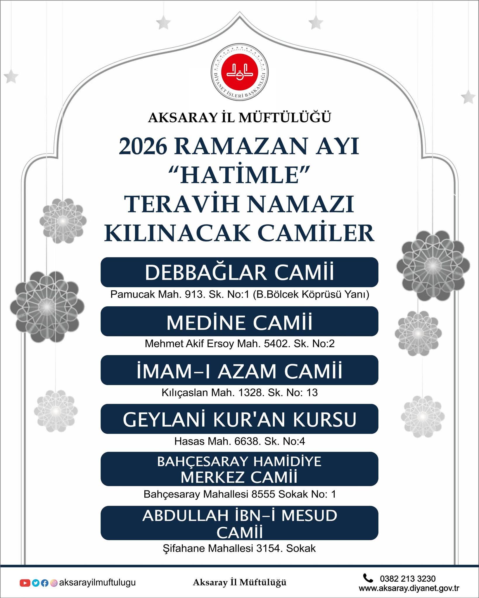 Aksaray’da 6 Cami’de Hatimle Teravih Namazı Kılınacak